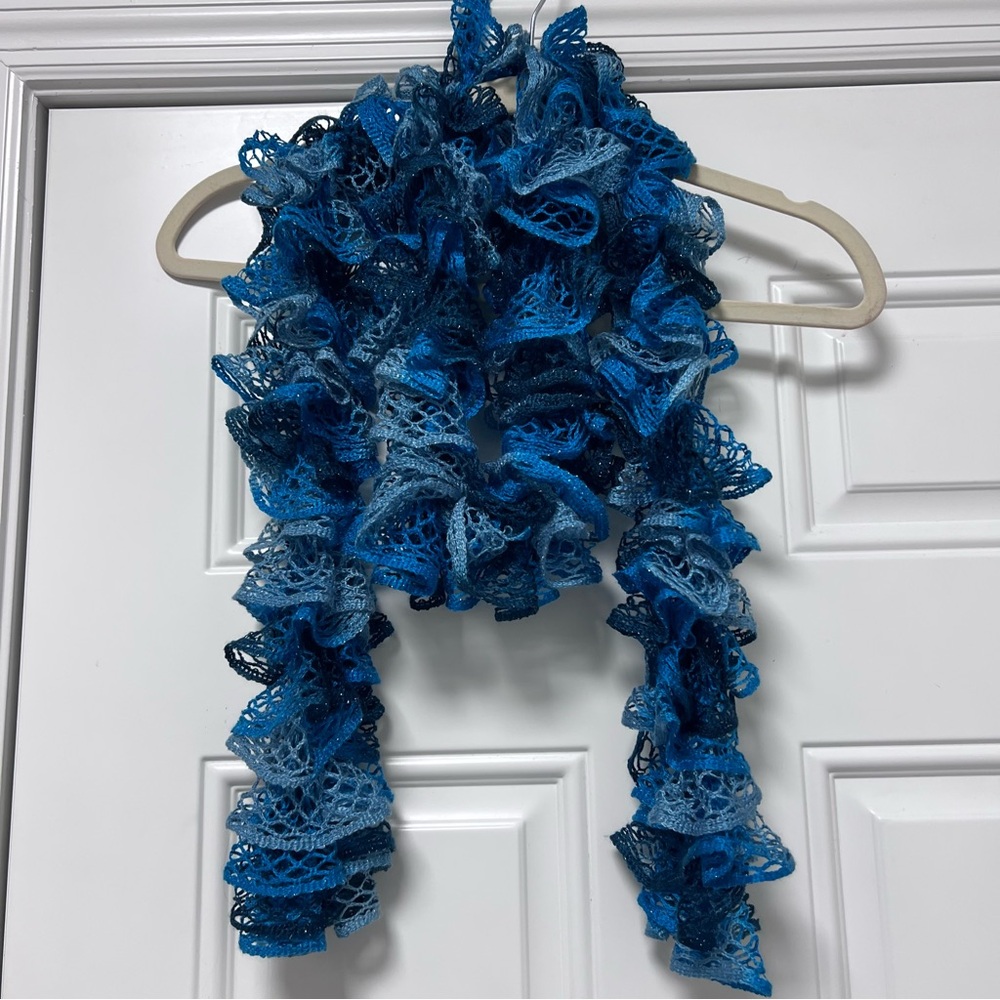 Woman’s Crochet Ruffled Scarf Blues, Handmade
